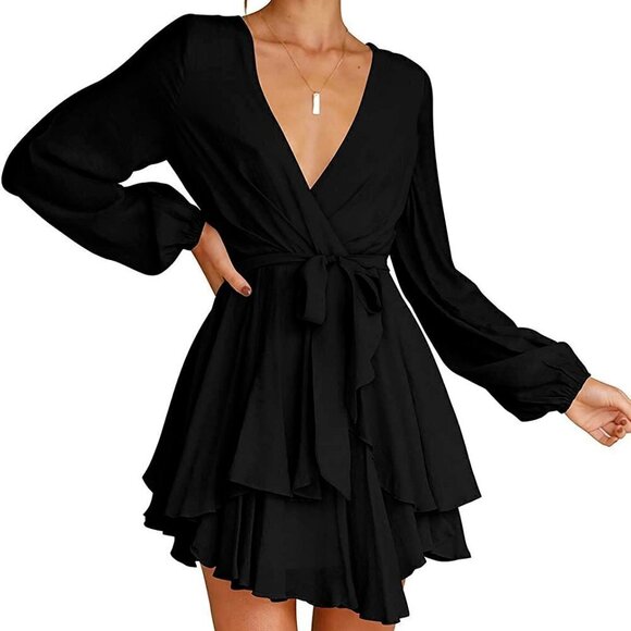 Long Sleeve Black Belted Ruffle Front Mini Dress Plus size 2X - Picture 3 of 17